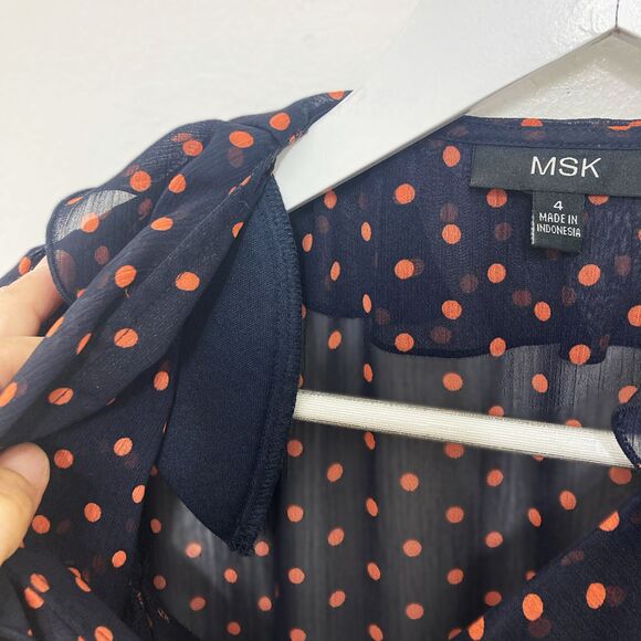 MSK Dress Size 4 Polka Dot Navy Pink Faux Wrap Ruffle Midi Short Sleeve - Picture 13 of 16